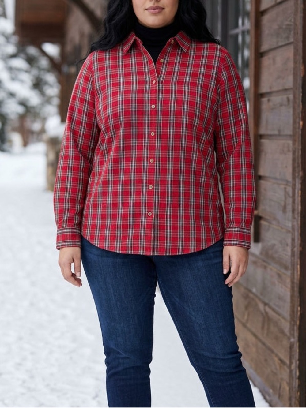 Talbots Woman Metallic Red Holiday Plaid Non-Iron Button Down Shirt Blouse 18W
